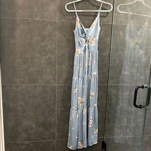 Blue Floral Maxi Dress with Spaghetti Straps